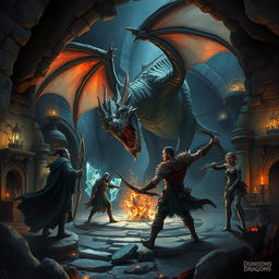 A detailed and epic scene from a Dungeons & Dragons campaign, featuring a group of adventurers battling a fearsome dragon in a dark, mystical dungeon