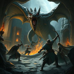 A detailed and epic scene from a Dungeons & Dragons campaign, featuring a group of adventurers battling a fearsome dragon in a dark, mystical dungeon