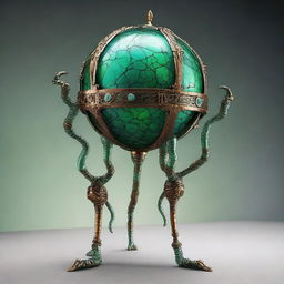 Create an image of the Verdant Sentinel with a large, metallic orb body, cracked surface revealing a glowing green core