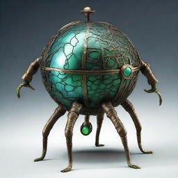 Create an image of the Verdant Sentinel with a large, metallic orb body, cracked surface revealing a glowing green core