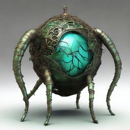 Create an image of the Verdant Sentinel with a large, metallic orb body, cracked surface revealing a glowing green core