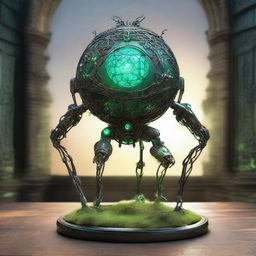 Create an image of the Verdant Sentinel with a large, metallic orb as its central body, featuring a cracked surface revealing a glowing green core