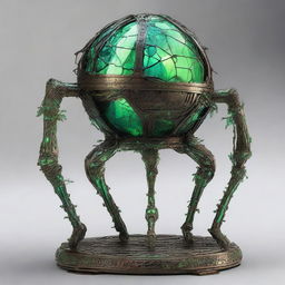 Create an image of the Verdant Sentinel with a large, metallic orb as its central body, featuring a cracked surface revealing a glowing green core