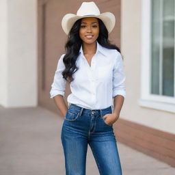 A stylish African American girl wearing a white vest, black button-down shirt, blue wide-legged jeans, complemented with a chic white cowboy hat.