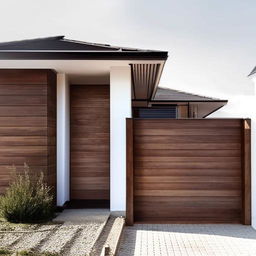 Exterior view of a house with a right side gate and a stairway on the left side. The house design should be modern and visually striking.