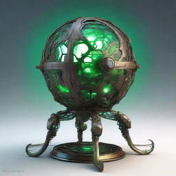 Create an image of the Verdant Sentinel with a large, metallic orb as its central body, featuring a cracked surface revealing a glowing green core