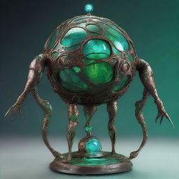 Create an image of the Verdant Sentinel with a large, metallic orb as its central body, featuring a cracked surface revealing a glowing green core