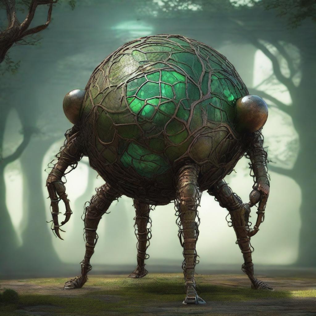 Create an image of the Verdant Sentinel, a colossal construct with a metallic orb body that has a cracked surface, revealing a glowing core