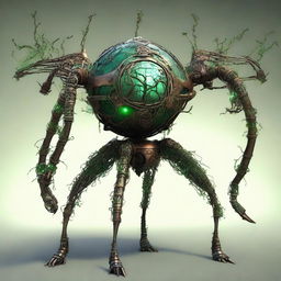 Create an image of the Verdant Sentinel, a colossal construct with a metallic orb body that has a cracked surface, revealing a glowing core