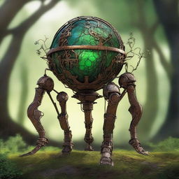 Create an image of the Verdant Sentinel, a colossal construct with a metallic orb body that has a cracked surface, revealing a glowing core