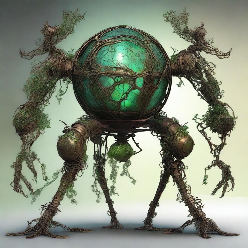 Create an image of the Verdant Sentinel, a colossal construct with a metallic orb body that has a cracked surface, revealing a glowing core