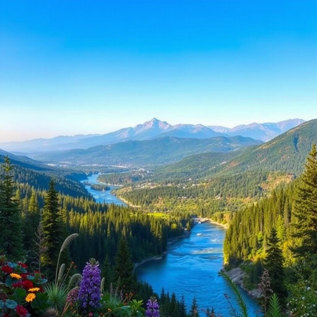 A beautiful landscape with mountains, rivers, and forests under a clear blue sky