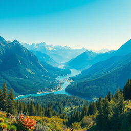 A beautiful landscape with mountains, rivers, and forests under a clear blue sky