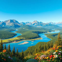 A beautiful landscape with mountains, rivers, and forests under a clear blue sky