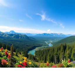 A beautiful landscape with mountains, rivers, and forests under a clear blue sky