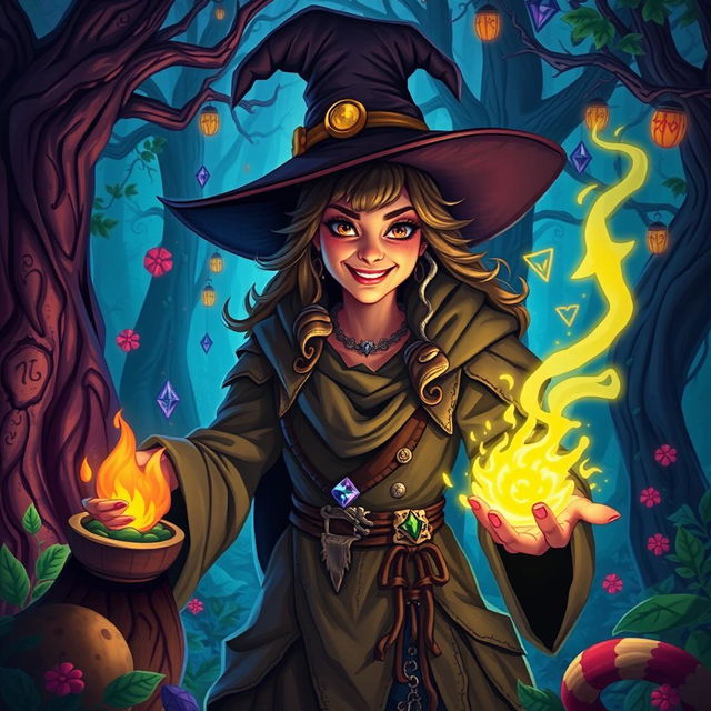 A chaotic good human witch with a mischievous smile, wearing a tattered robe and a pointy hat