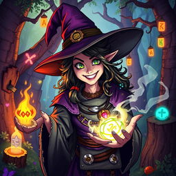 A chaotic good human witch with a mischievous smile, wearing a tattered robe and a pointy hat