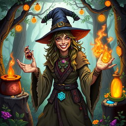 A chaotic good human witch with a mischievous smile, wearing a tattered robe and a pointy hat