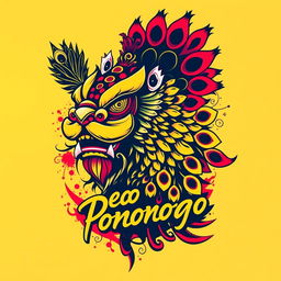 A vibrant and dynamic T-shirt design featuring Reog Ponorogo, a traditional Indonesian dance