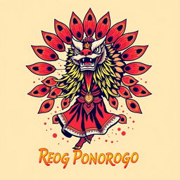 A vibrant and dynamic T-shirt design featuring Reog Ponorogo, a traditional Indonesian dance