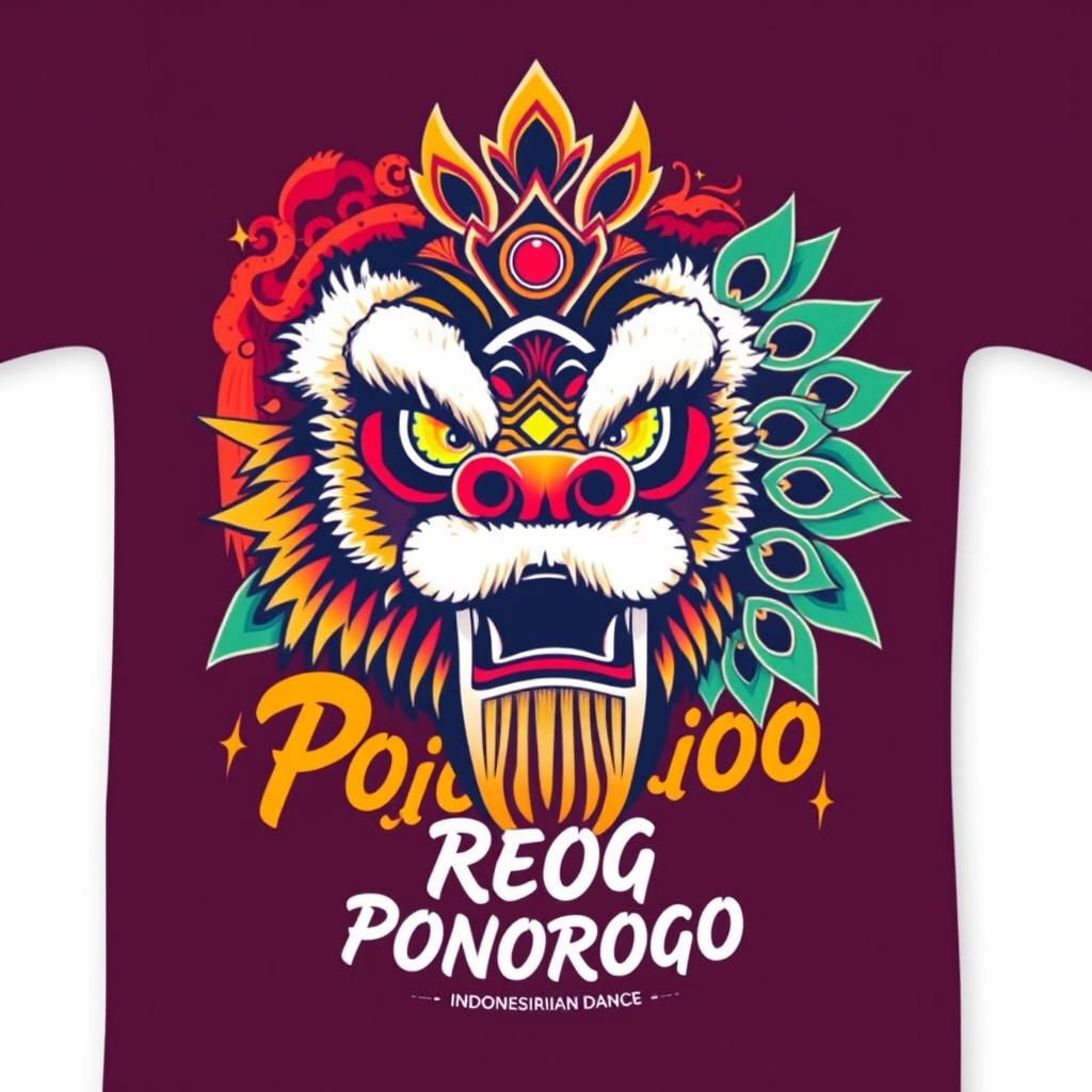 A vibrant and dynamic T-shirt design featuring Reog Ponorogo, a traditional Indonesian dance