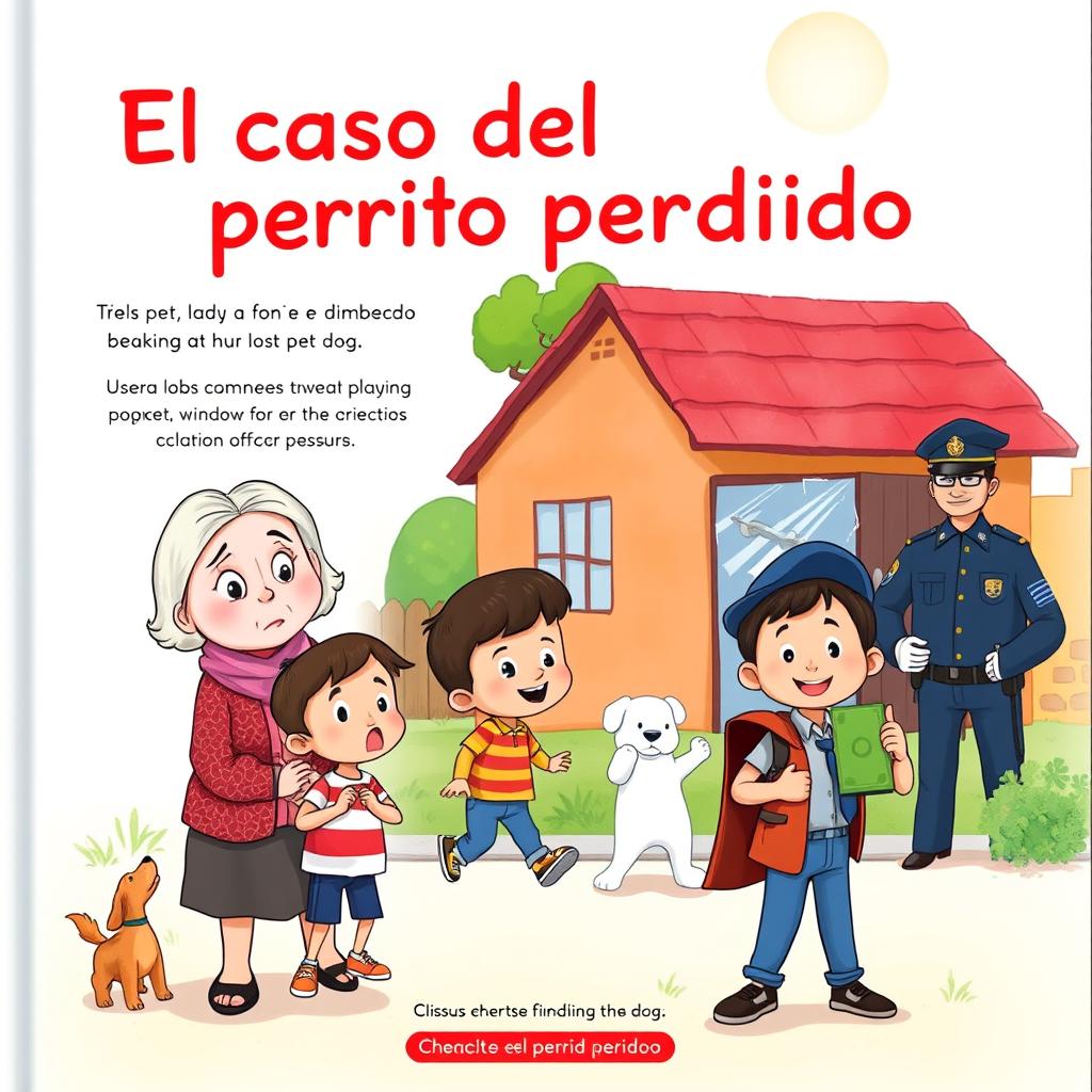 A colorful and engaging cover for a children's storybook titled 'El caso del perrito perdido'