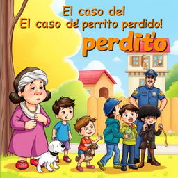 A colorful and engaging cover for a children's storybook titled 'El caso del perrito perdido'