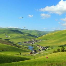 A serene landscape with rolling green hills under a clear blue sky