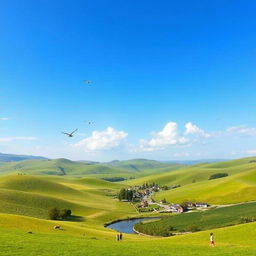 A serene landscape with rolling green hills under a clear blue sky