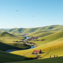 A serene landscape with rolling green hills under a clear blue sky