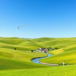 A serene landscape with rolling green hills under a clear blue sky