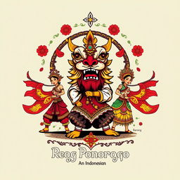 A detailed and colorful design for a T-shirt featuring Reog Ponorogo, an Indonesian traditional dance