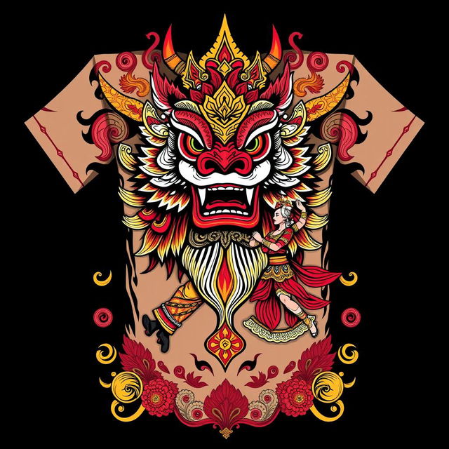 A detailed and colorful design for a T-shirt featuring Reog Ponorogo, an Indonesian traditional dance