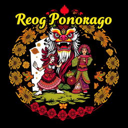 A detailed and colorful design for a T-shirt featuring Reog Ponorogo, an Indonesian traditional dance
