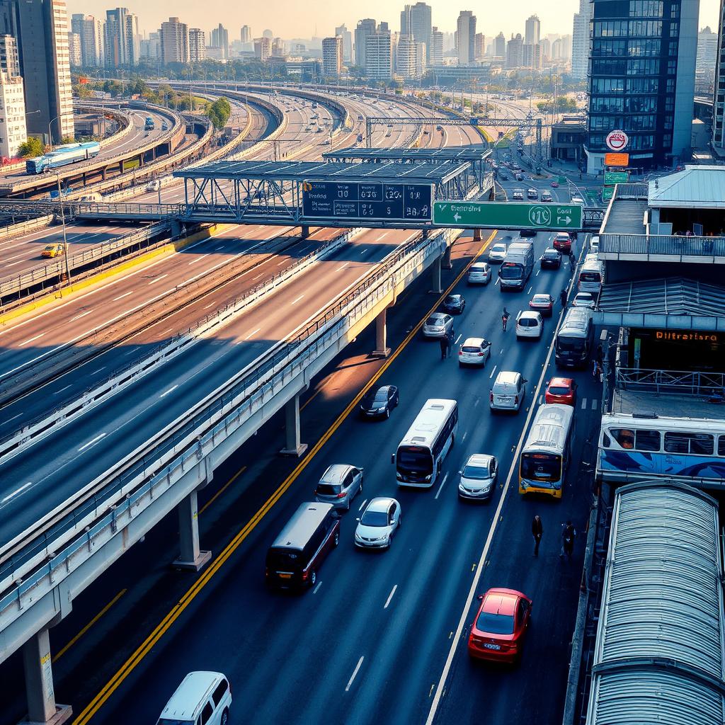 A bustling urban scene featuring a highway, a bridge, a toll road, a bus terminal, and a train station