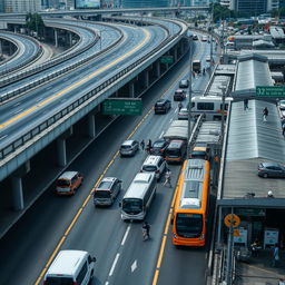 A bustling urban scene featuring a highway, a bridge, a toll road, a bus terminal, and a train station