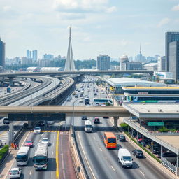 A bustling urban scene featuring a highway, a bridge, a toll road, a bus terminal, and a train station