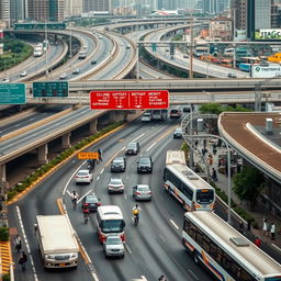 A bustling urban scene featuring a highway, a bridge, a toll road, a bus terminal, and a train station