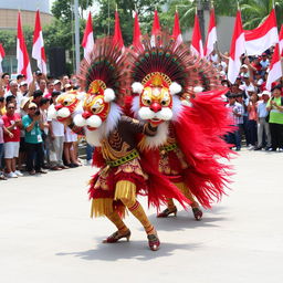 A vibrant and festive scene featuring Reog Ponorogo, a traditional Indonesian dance, being performed during Indonesia's Independence Day celebrations