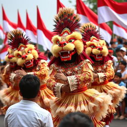 A vibrant and festive scene featuring Reog Ponorogo, a traditional Indonesian dance, being performed during Indonesia's Independence Day celebrations