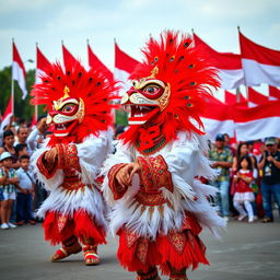 A vibrant and festive scene featuring Reog Ponorogo, a traditional Indonesian dance, being performed during Indonesia's Independence Day celebrations