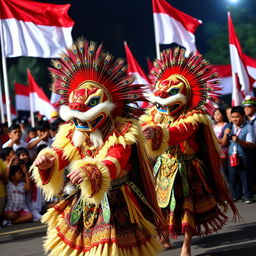 A vibrant and festive scene featuring Reog Ponorogo, a traditional Indonesian dance, being performed during Indonesia's Independence Day celebrations