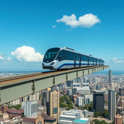 A scenic view of an elevated sky train gliding smoothly above a bustling city