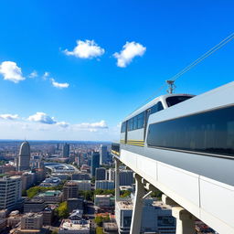 A scenic view of an elevated sky train gliding smoothly above a bustling city