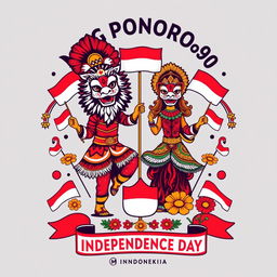 A stylish T-shirt design featuring elements of Reog Ponorogo, a traditional Indonesian dance, to celebrate Indonesia's Independence Day