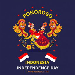 A stylish T-shirt design featuring elements of Reog Ponorogo, a traditional Indonesian dance, to celebrate Indonesia's Independence Day