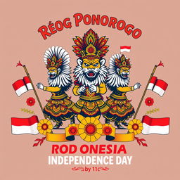 A stylish T-shirt design featuring elements of Reog Ponorogo, a traditional Indonesian dance, to celebrate Indonesia's Independence Day