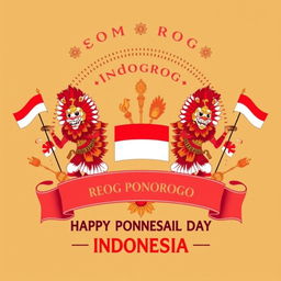 A stylish T-shirt design featuring elements of Reog Ponorogo, a traditional Indonesian dance, to celebrate Indonesia's Independence Day