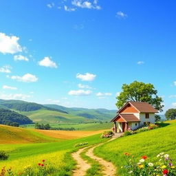 Create an image of a peaceful countryside scene with rolling hills, a clear blue sky, and a small cottage surrounded by colorful flowers