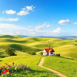 Create an image of a peaceful countryside scene with rolling hills, a clear blue sky, and a small cottage surrounded by colorful flowers